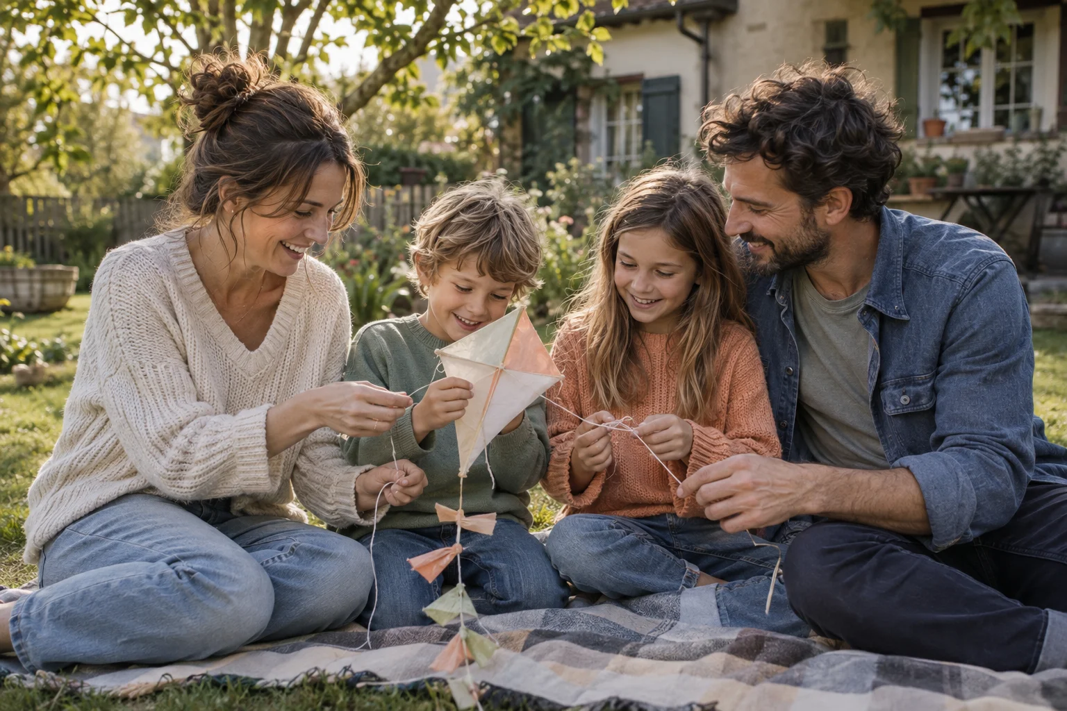 A family discovering a little handmade kite together in the garden
