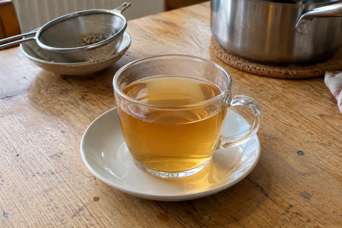 Small glass cup of strained pale golden apple and cinnamon tea