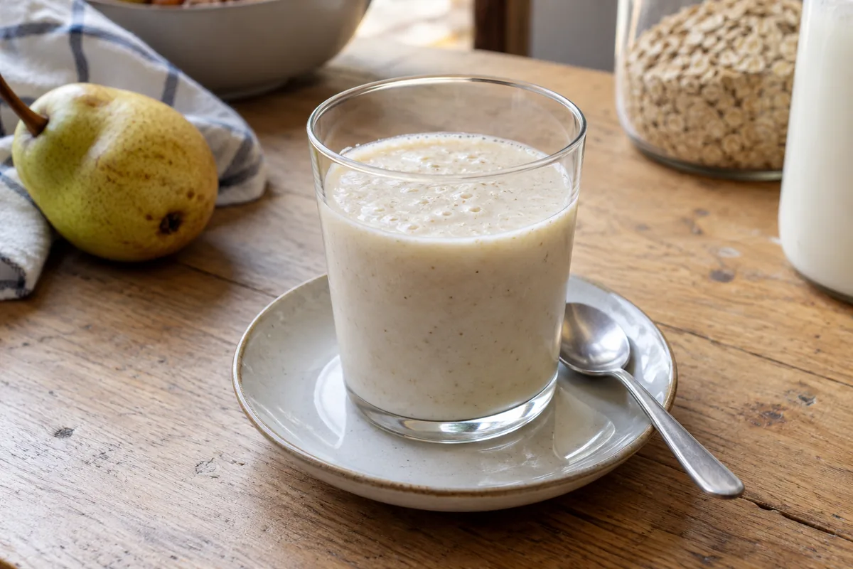Small glass of creamy pear and oat smoothie on a wooden table