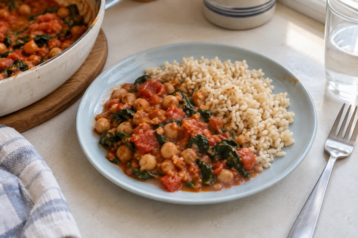 Chickpea & spinach pan with rice