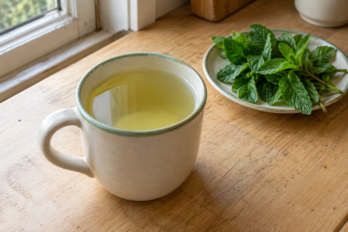 Small ceramic cup of pale strained mint tea beside fresh mint leaves