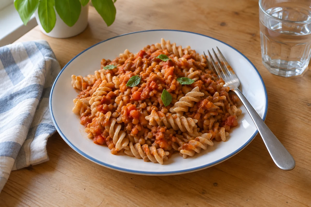 Pasta with mild lentil bolognese