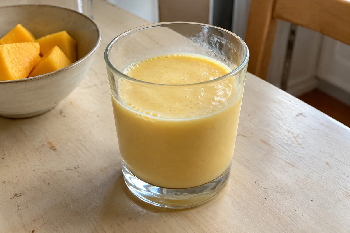 Small glass of pale yellow mango and yoghurt smoothie on a kitchen table