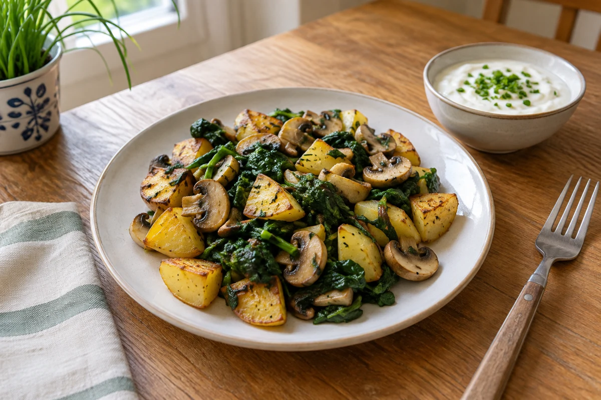 Potato & mushroom pan with yoghurt dip