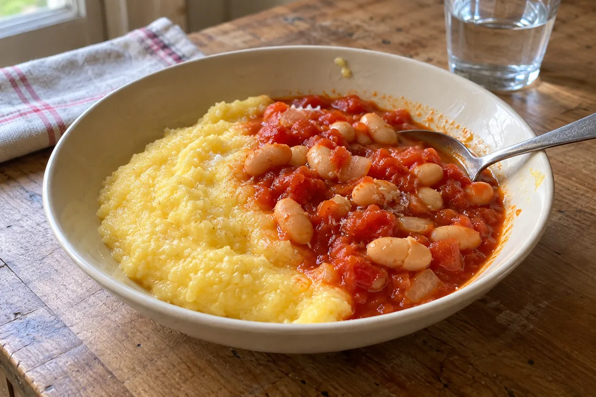 Creamy polenta with tomato beans