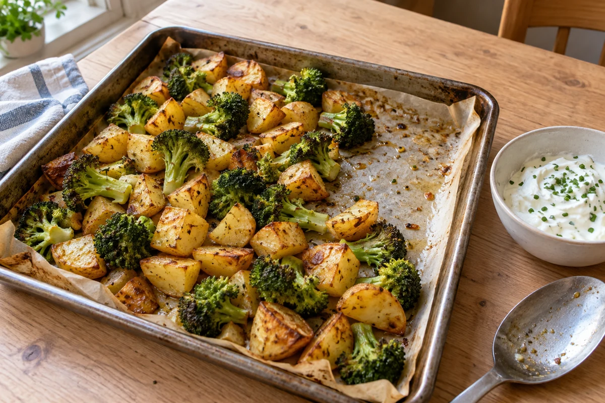 Roast potatoes, broccoli & dip