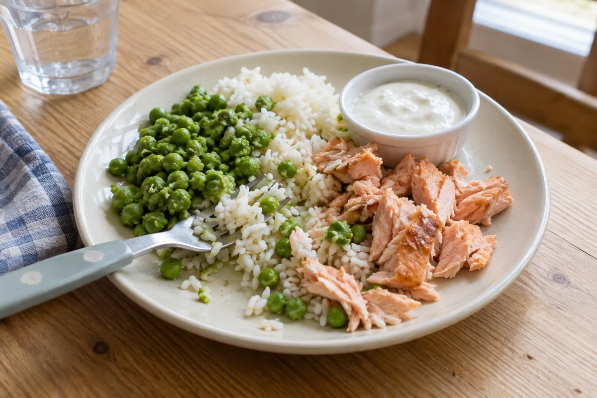 Salmon, rice & green peas